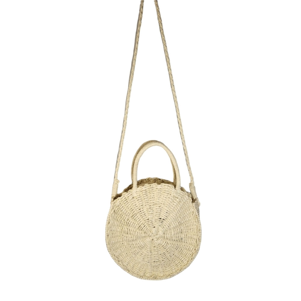 Round woven bag with crossbody strap